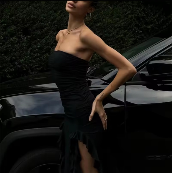 Sexy Y2K Black Stretch Maxi Date Dress Long Gown High Slit Ruffle Strapless LBD - Picture 12 of 14